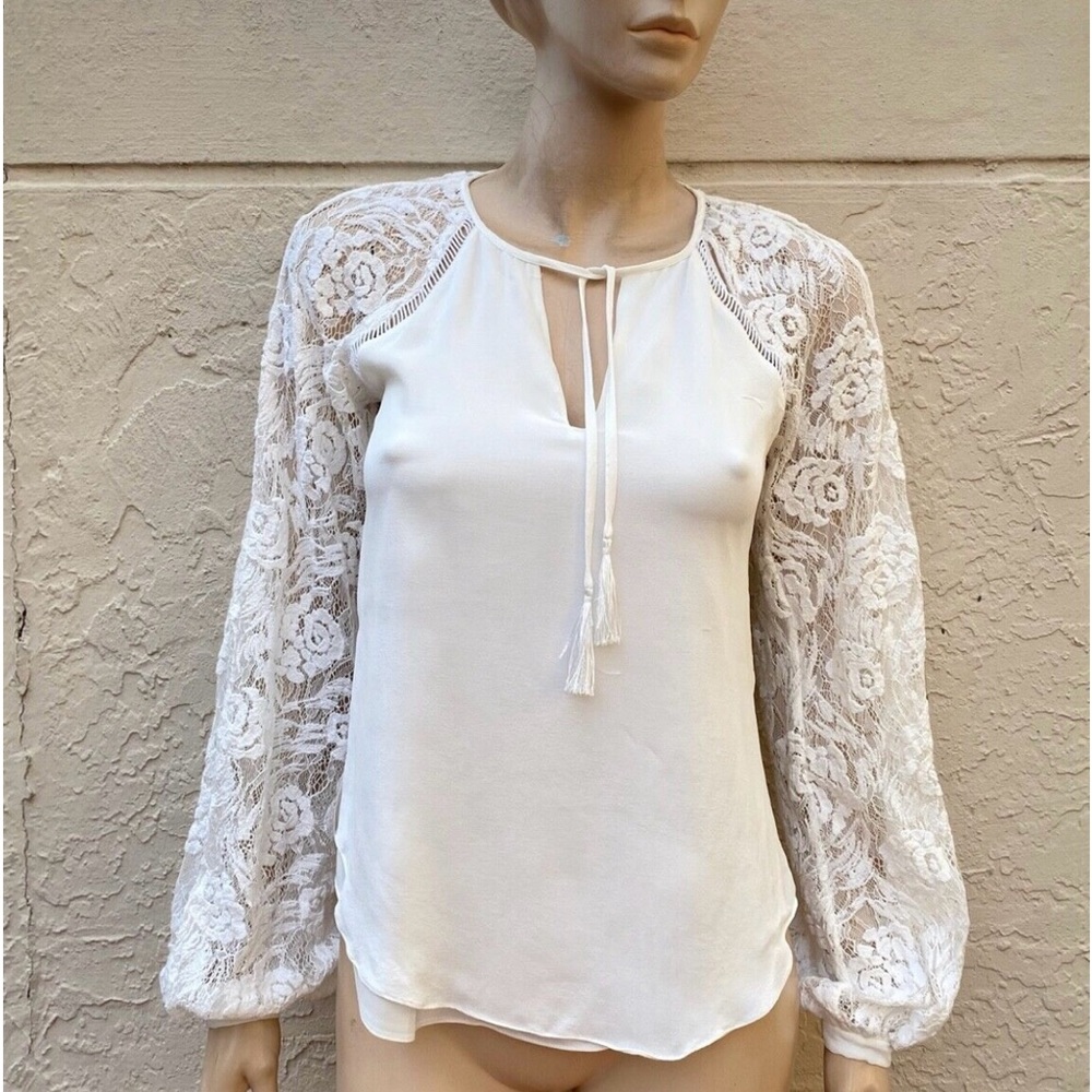 HAUTE HIPPIE $395 "THE
ENCHANTMENT" SILK BLOUSE W/ LACE
SLEEVES SZ S